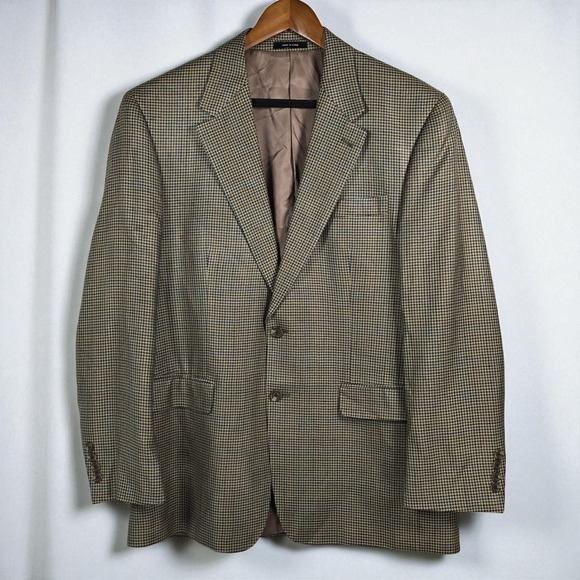 Chaps‎ Blazer Men 42R 100% Silk Houndstooth Beige Brown Blue 2 Button Academia - Picture 1 of 11